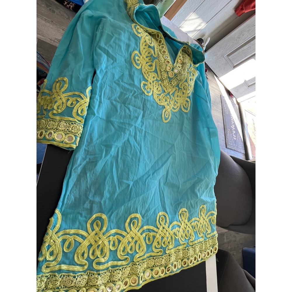 Key Lime & Pink Turquoise Embroidered V-Neck Tunic Top Kaftan Beach‎ Cover Up M